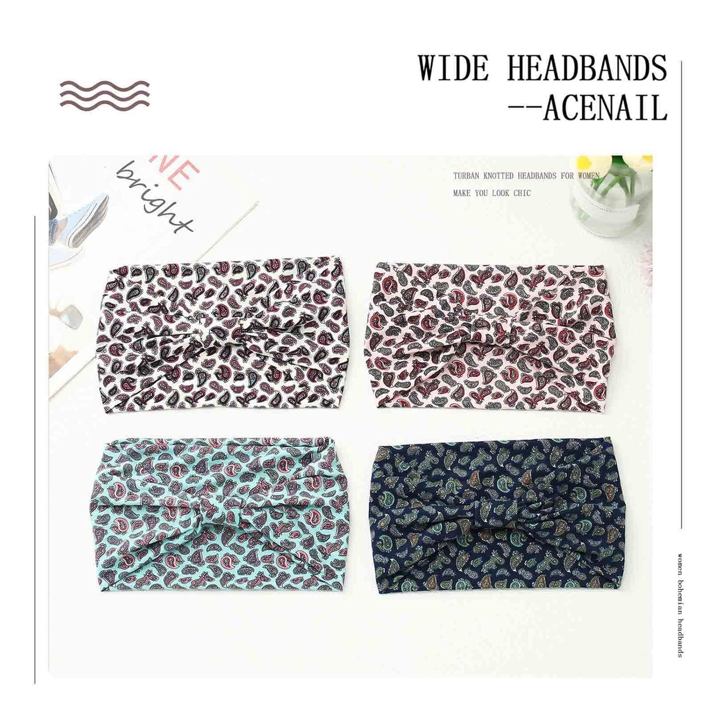 Acenail Wide Headbands Women Knotted Turban Headband Elastic Non Slip Hairbands Floral Workout Head Bands Yoga Cotton Hair Scarfs Boho Head Wraps Fashion Hair Accessories for Women 4Pcs(Chic)