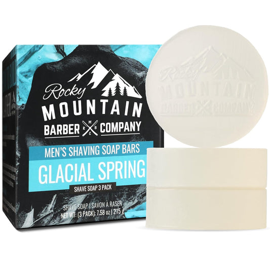 Shaving Soap Pucks for Men - 3 Pack - Traditional Wet Shave Glycerin-Based Shave Soap Bars - Made in USA For Use with Shaving Brush and Bowl - Glacial Spring Scent by Rocky Mountain Barber Company