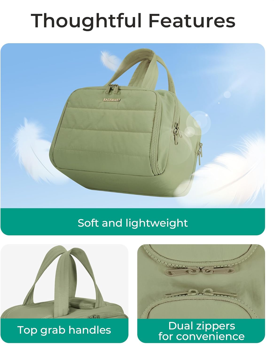 BAGSMART Travel Toiletry Bag, Lightweight Large Wide-open Travel Bag for Women, Puffy Cosmetic Makeup Bag Organizer with Handle for Accessories,Essentials, Toiletries, Green