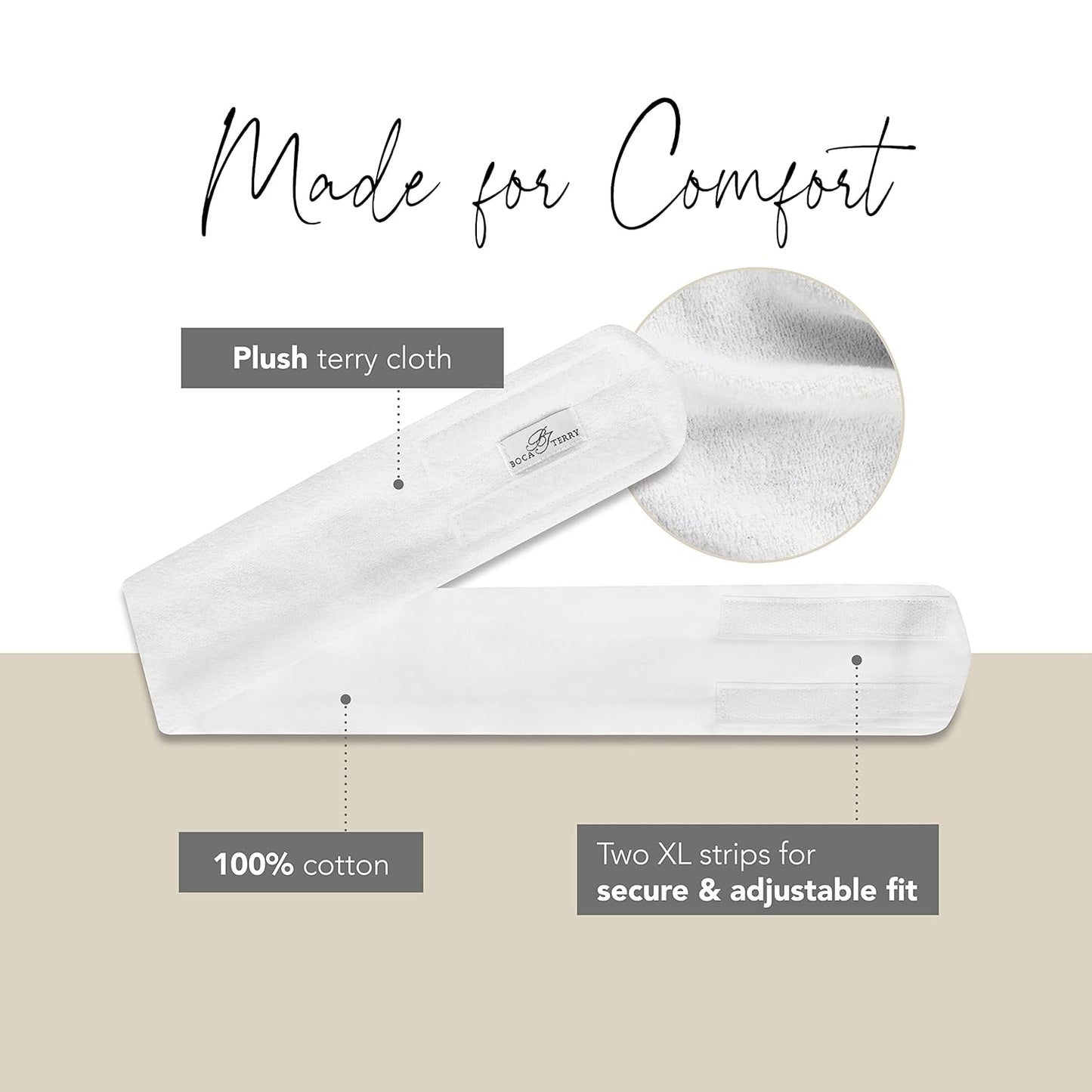 Boca Terry Makeup Headband, 100% Cotton Women's Adjustable Towel Headband for Washing Face, Facial, Cosmetic & Skin Care Treatments. 3-Pack