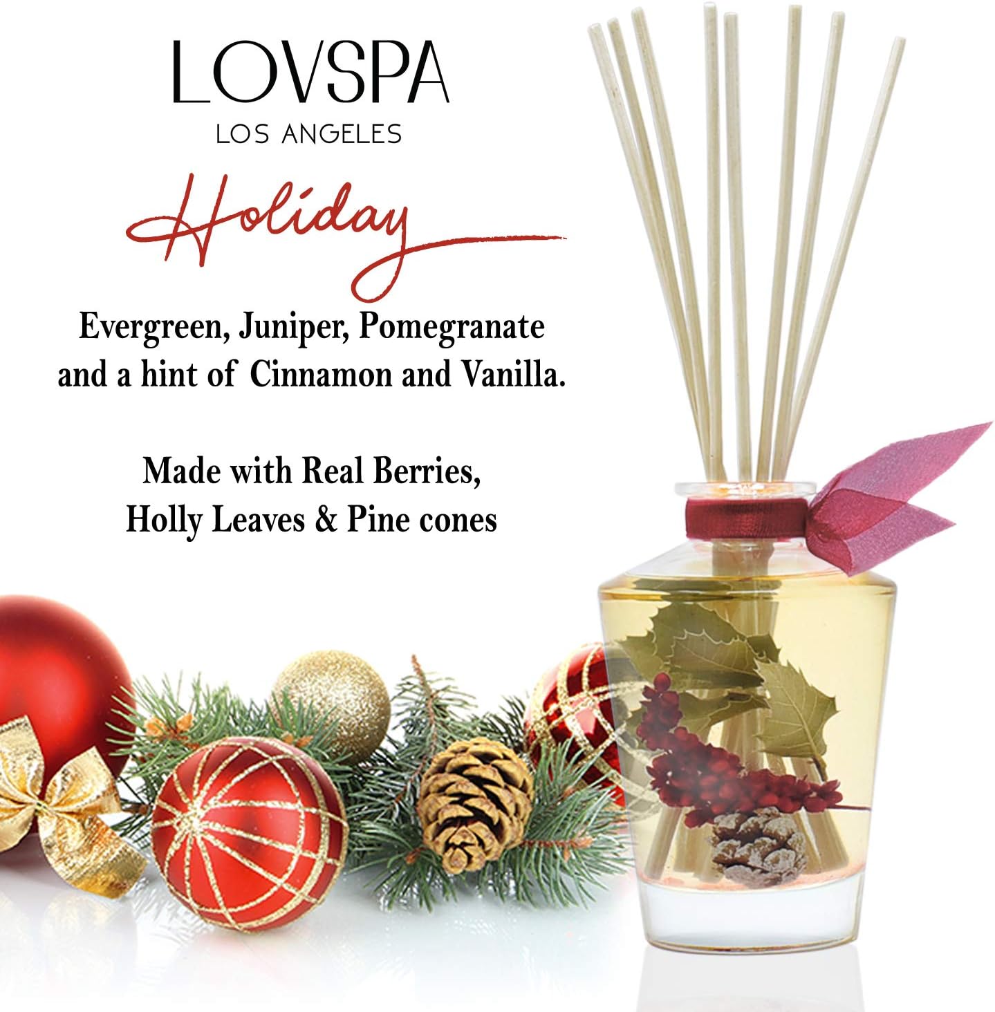 LOVSPA Reed Diffuser Set, Holiday Red Currant & Woods Scented Oil Diffuser with Sticks, Home Fragrance Accessories for Bathroom Shelf Decor, Aroma Diffusers for Home or Office Desk, USA Made