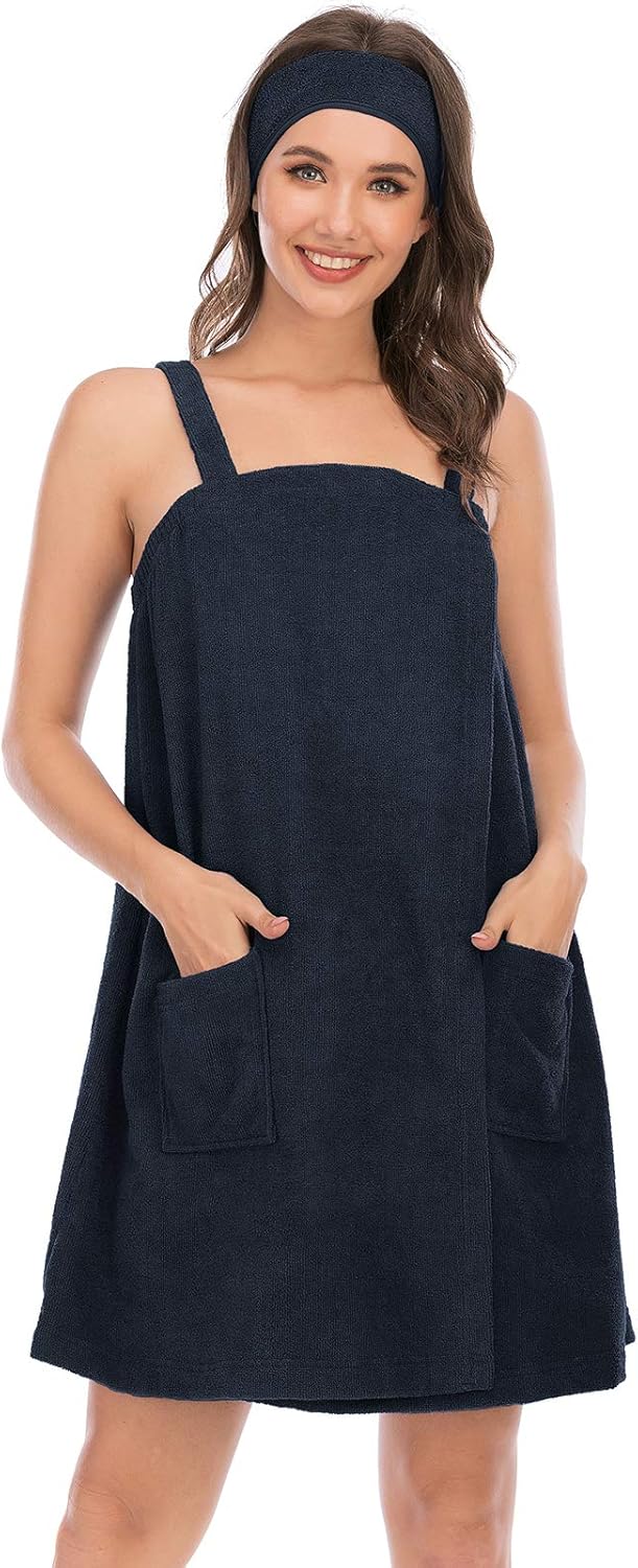 Veseacky Women Bath Wrap Towel for Womens Shower with Pocket Adjustable Spa Robe & Facial Headband