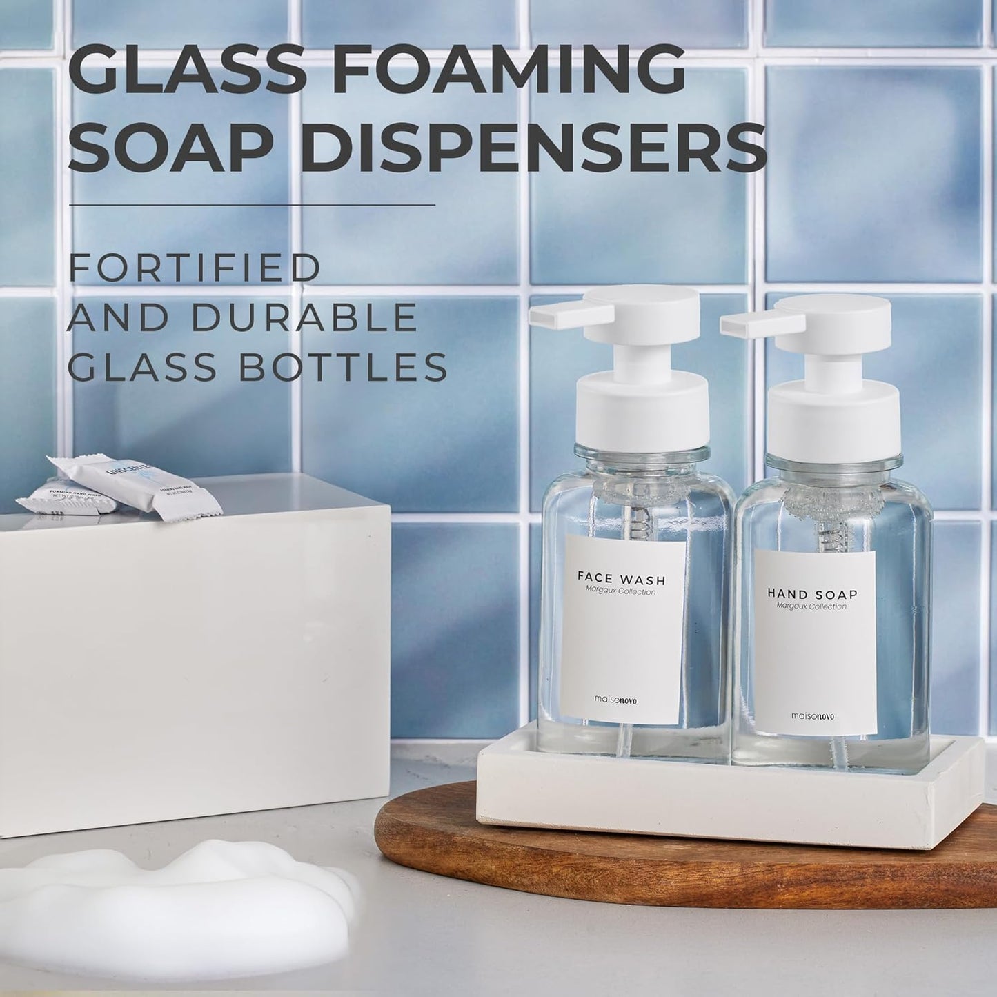 MaisoNovo Glass Foaming Soap Dispenser 14 Oz | Clear Glass White Pumps x 2 with Tray