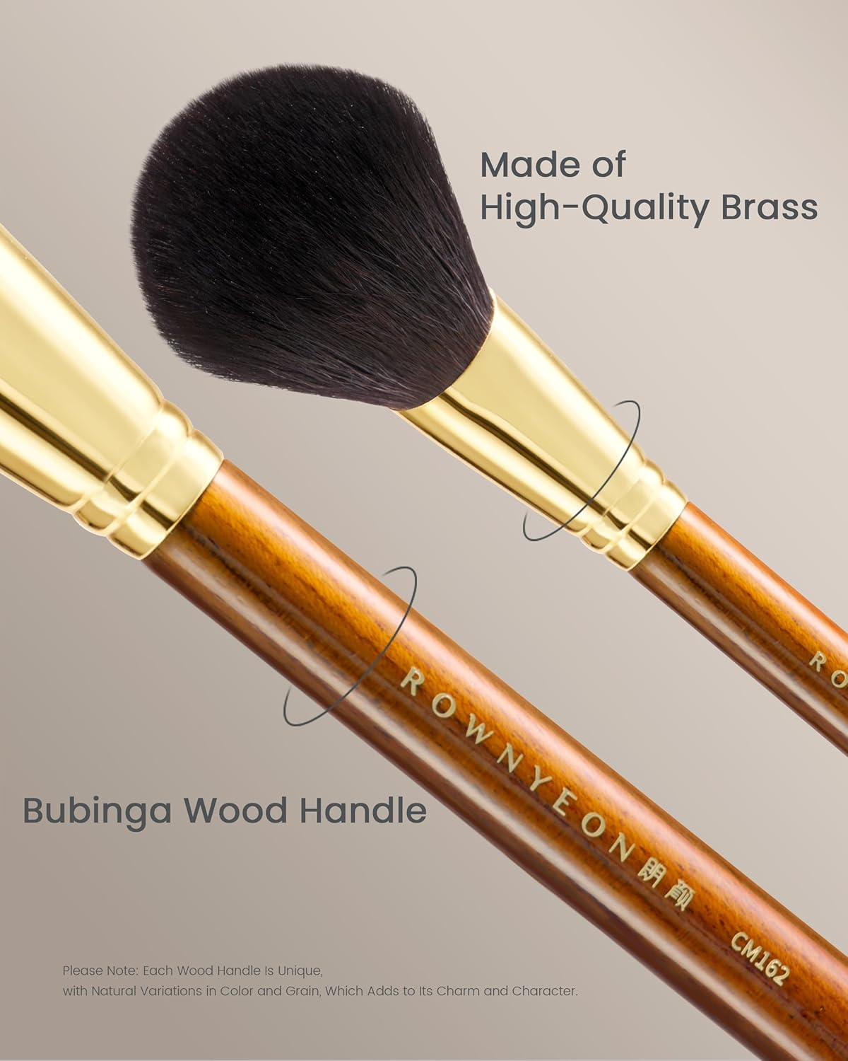 Desert Oak Series Sloped Umbrella Powder Brush - Angled Top for Effortless Powder Application, Premium Goat Hair Bristles with Bubinga Handle & Golden Brass Ferrule (CM 162)