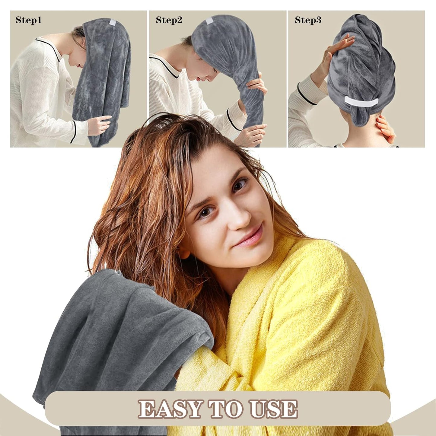 SUNLAND Microfiber Hair Towels Anti Frizz Hair Drying Towel Super Absorbent Fast Drying Turbans for Wet Curly Hair Soft Hair Towel Wrap with Elastic Band for All Hair Types 40 X 20 inches 2Pack Grey