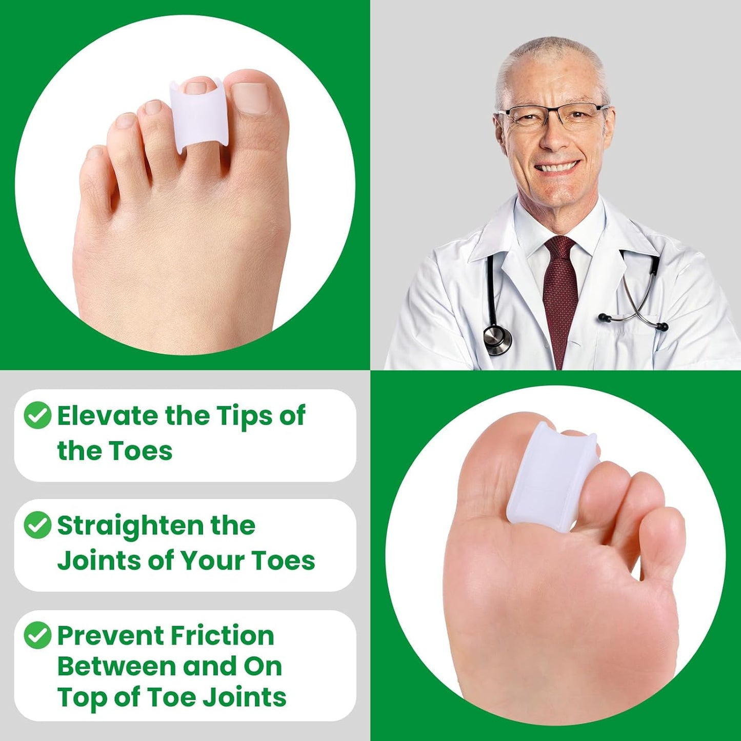 Bukihome Hammertoe Corrector - 6 Pack Toe Splints - Soft Gel Toe Straighteners - Realign Bent, Curled, Crooked, Claw, Hammer Toes - Toe Corrector for Men and Women, Large Sizes (White)