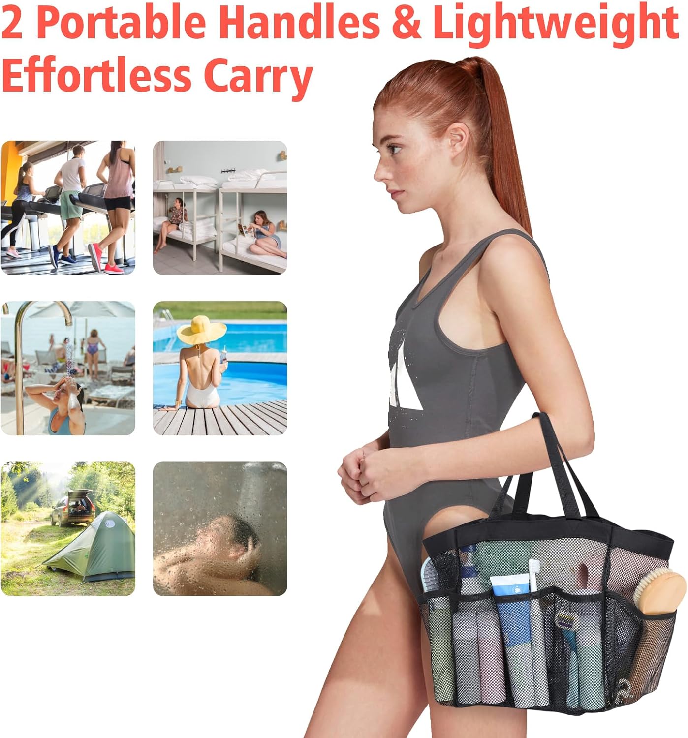 F-color Mesh Shower Caddy Portable, Upgrade Deeper 7 Pockets Shower Bag Basket Tote for College Dorm Room Bathroom Essentials Gym Camp Quick Dry 2 handles with S Hook, 2 Pack Black