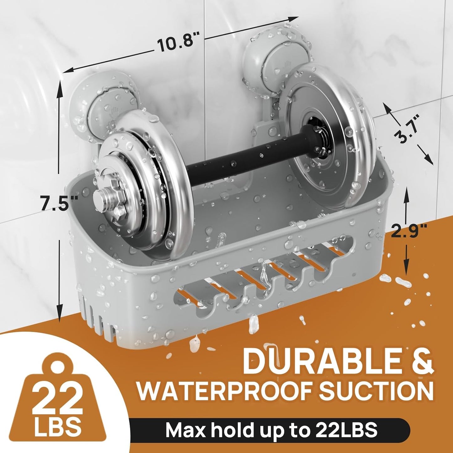 LEVERLOC Shower Caddy Suction Cup, Shower Organizer Removable Bathroom Shelf, Storage Suction Powerful Max Hold 22lbs Bathroom Caddy Waterproof Holder, Gray