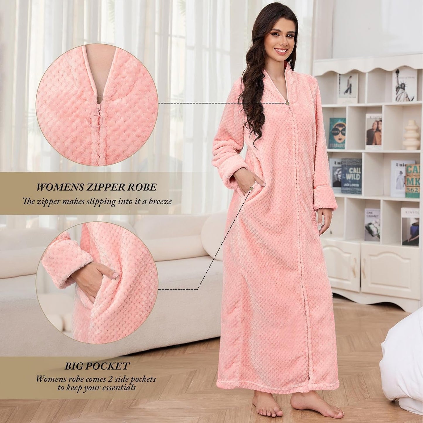Artfasion Womens Fleece Robe Plush Long Zip Front Bathrobe with Pockets Warm Soft Zippered Bathrobes for Women
