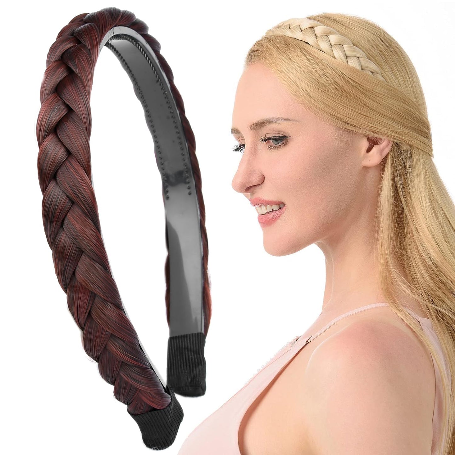 DIGUAN Width 0.9 inches Synthetic Hair Plaited Headband Braid With Teeth Hair Band Accessories for Women Girl (Plum Burgundy)