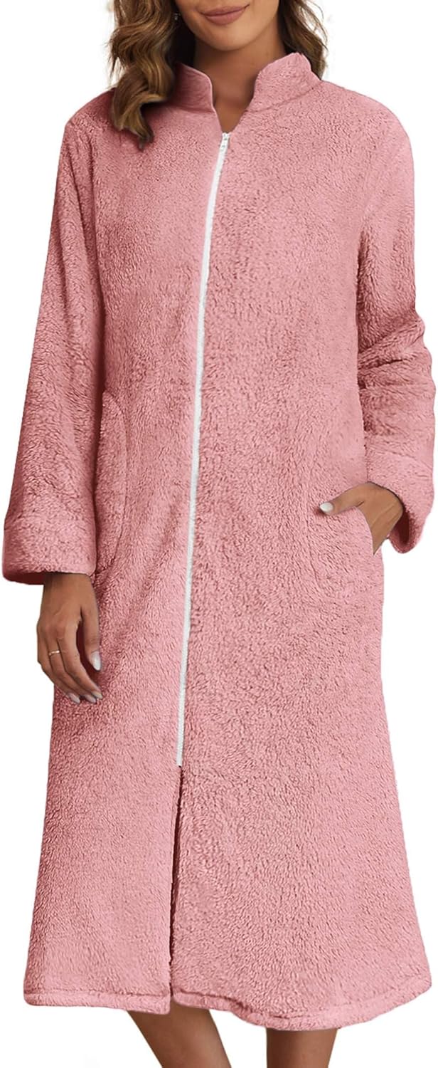 Ekouaer Women's Zip Up Robe Fleece Bathrobe Long Zipper Lounger Warm Housecoat Long Sleeve Nightgown with Pockets S-XXL