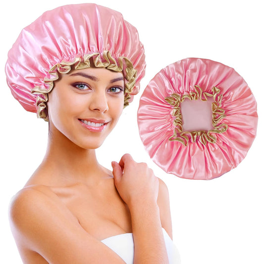 Shower Cap Reusable Waterproof, Large Shower Cap for Women, Shower Caps for Braids Long Hair, Double Layer Satin Plastic Hair Cap for Shower