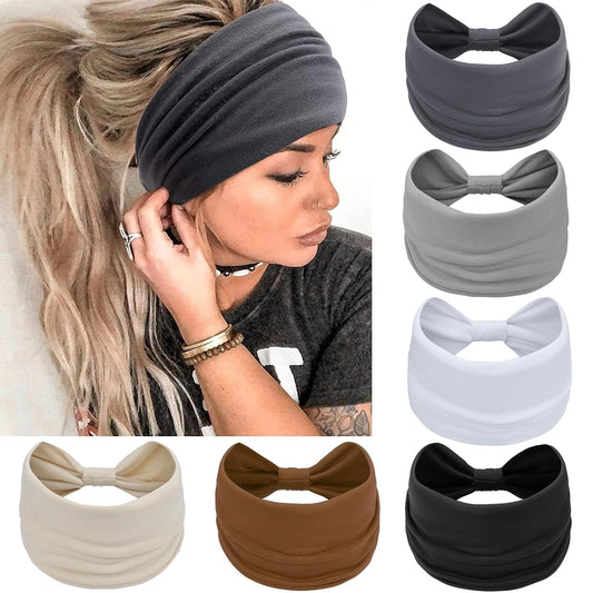 Wide Headbands for Women Knotted No Slip Head Bands Soft Turban Headband Hair Accessories Boho African Solid Color Head Wraps for Women Yoga Workout Pack of 6(Classic)