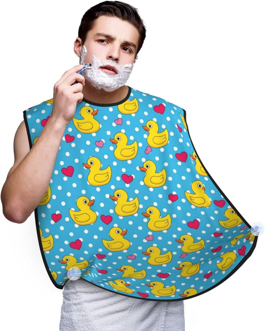 Ultimate Shaving Bib, Beard Trimming Apron with Hair Catcher, Pink Heart Polka Dots Blue Yellow Rubber Ducks