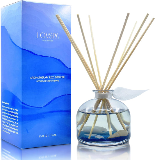 LOVSPA Reed Diffuser Set, Escape Beach Getaway Scented Oil Diffuser with Sticks, Home Fragrance Accessories for Bathroom Shelf Decor, Aroma Diffusers for Home or Office Desk, USA Made