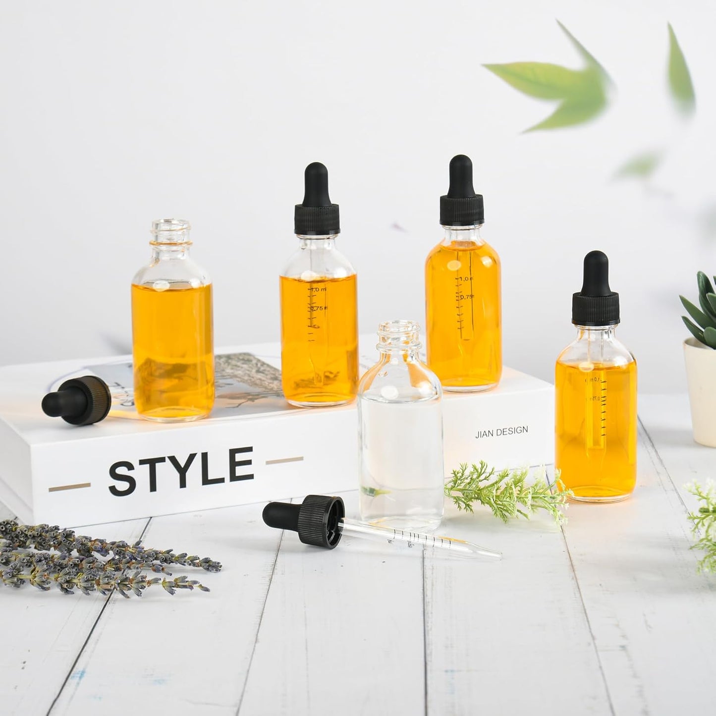 BILLIONSTARS 24 Pack 2oz Glass Boston Round Bottle with Graduated Calibrated Glass Pipettes - Clear - Tincture Bottles for Essential Oils, Liquids - Leakproof Travel Bottles