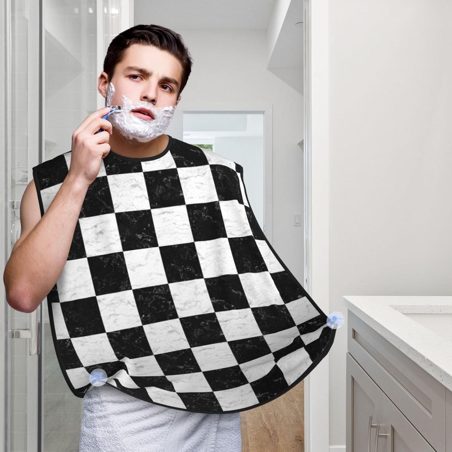 Checkerboard Beard Bib Apron, Beard Hair Catcher For Men Shaving, Waterproof With Suction Cups