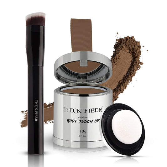 THICK FIBER Root Touch Up & Hairline Powder with Brush (LARGE 10g) – Covers Grey Roots, Thinning Hair & Bald Spots – Sweat & Water Resistant Hair Concealer for Women & Men (Light Brown)