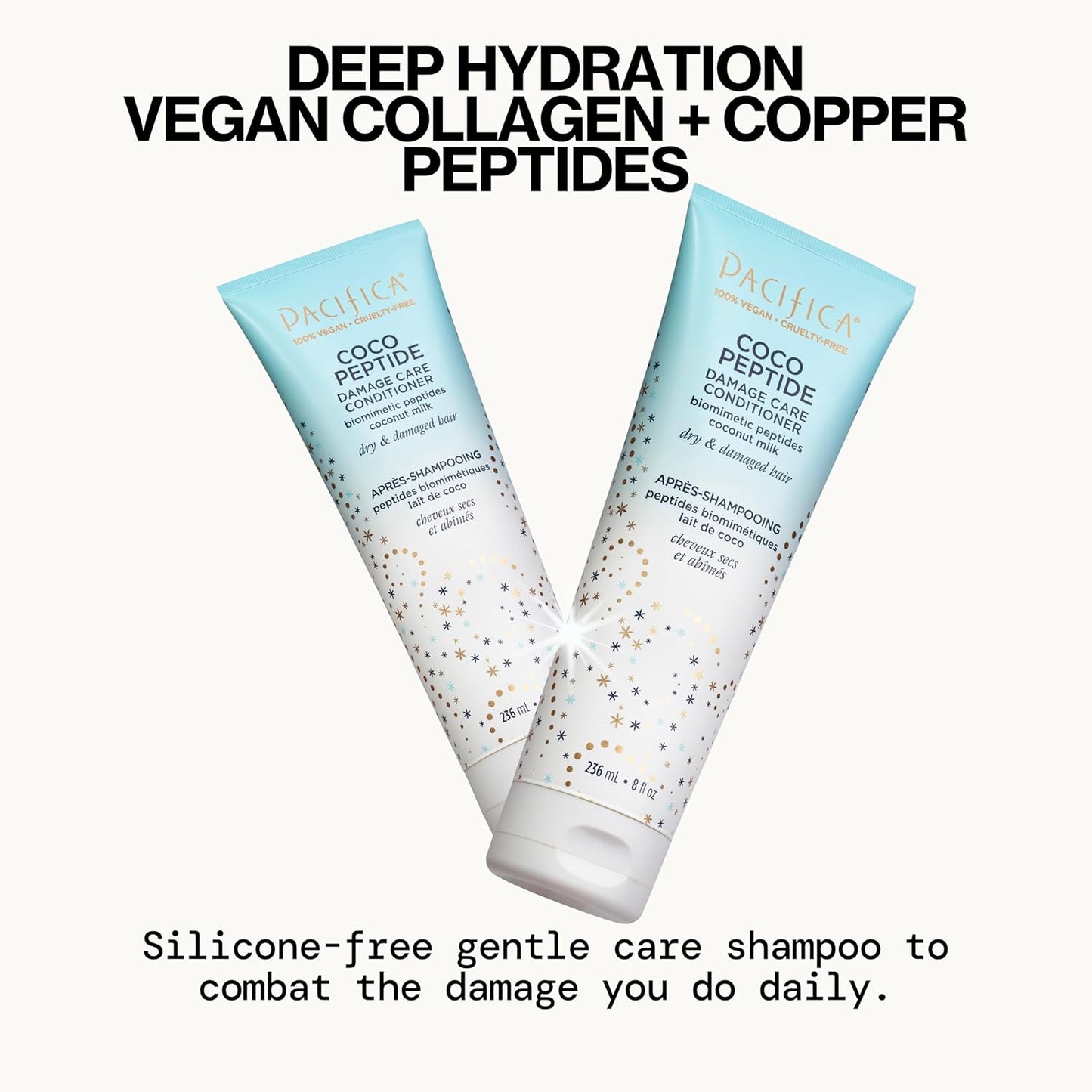 Pacifica Coco Peptide Damage Care Shampoo & Conditioner Set – Repairing Hair Care for Dry Damaged Hair Vegan Collagen & Peptides for Split Ends & Breakage Sulfate Free Clean Vegan Dermatologist Tested