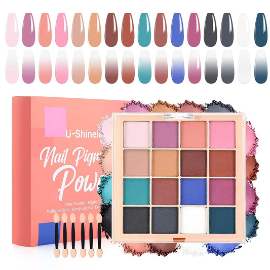 Nail Pigment Powder Palette Set, 16 Bright Colors Ombre Nail Powder Palette Brown Pink French Aura Nails Ombre Nail Brush Nail Long-lasting Manicure Art DIY Accessories (08)