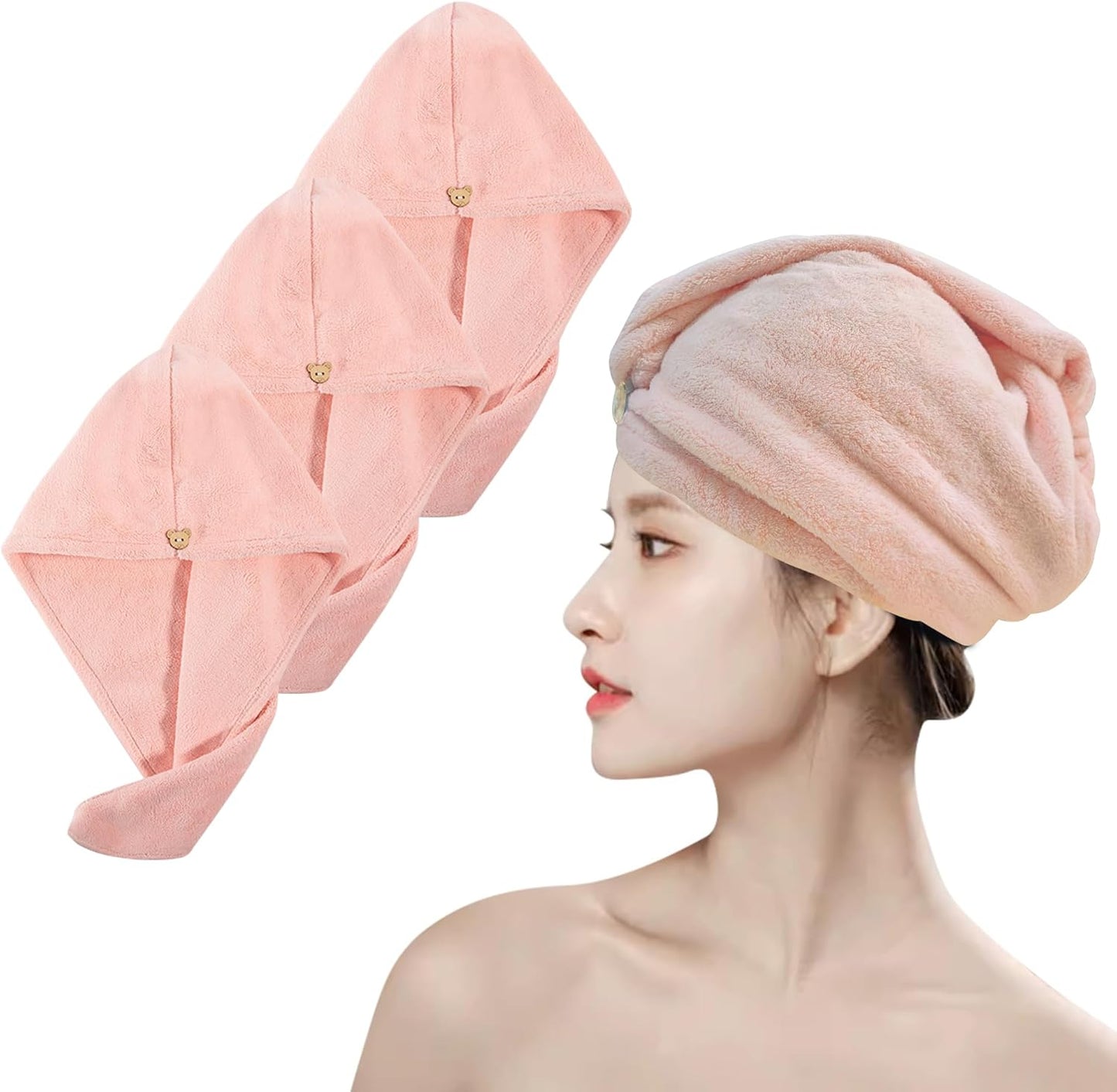 3 Pack Microfiber Hair Towel,Quick Dry Hair Towel Turbie Wrap for Women Kids,Super Absorbent Fast Head Wraps Drying Towel with Button for Wet Curly Hair(Pink 25.6x9.8 Inch)