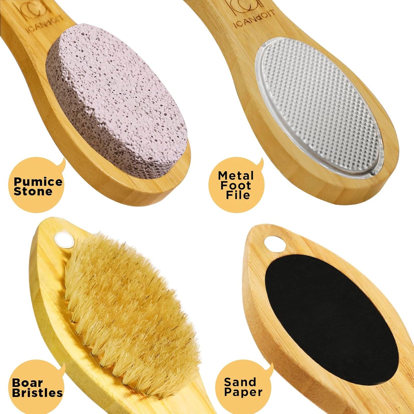 ICANdOIT-2 Packs Natural Bamboo Foot File Callus Remover-Multi Purpose 4 in 1 Feet Pedicure Kit with Boar Bristle Brush,Pumice Stone,Foot Rasp,Sand Paper