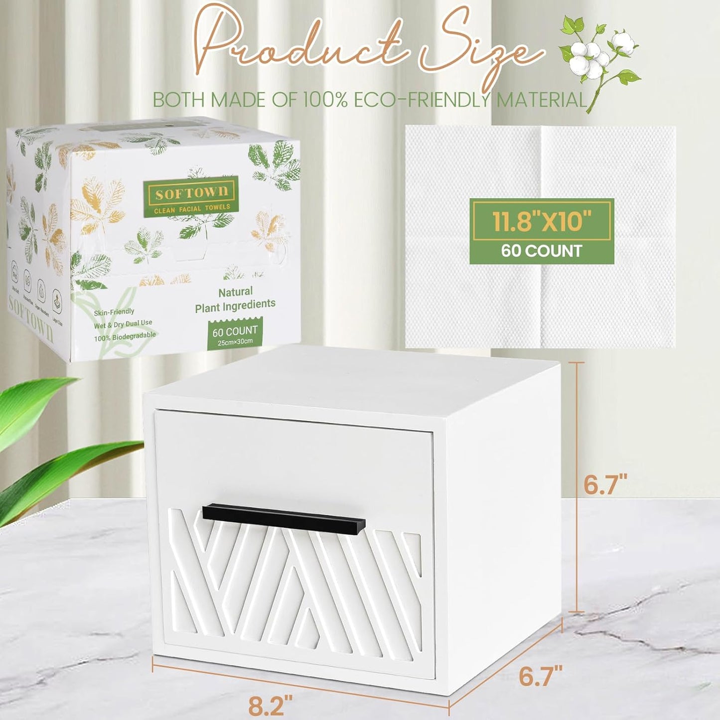 Disposable Face Towels XL with Luxe Wood Drawer Organizer, Face Towelettes Disposable 60 Count, 100% Cotton Facial Towel, Makeup Remover Cloth and Facial Wash Dry Wipes, Face Towel Holder Drawer