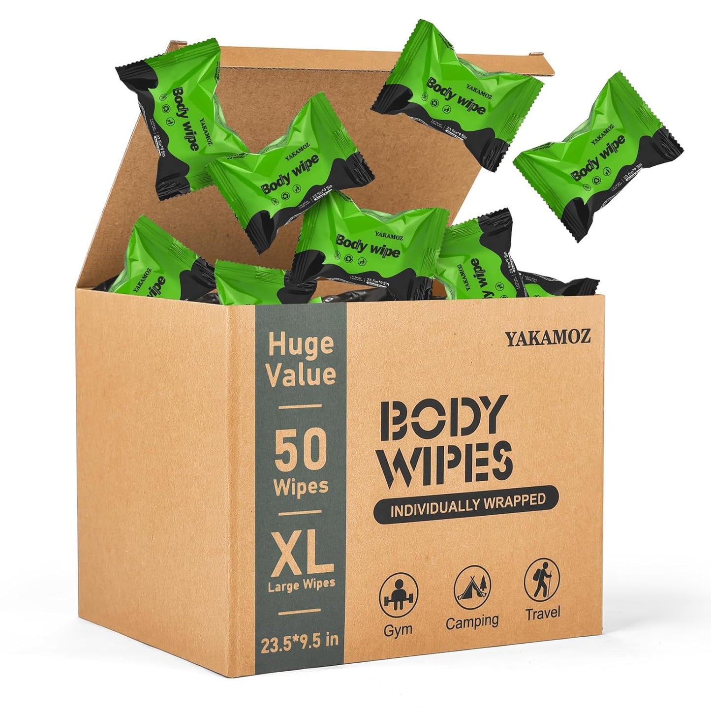 YAKAMOZ Large Body Wipes for Adults Bathing, Individually Wrapped Personal Hygiene Body Wipes for Women, Men and Elderly Disposable Washcloths for Bathing, Camping (Unscented 50 Counts)