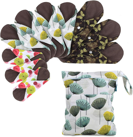 Teamoy 10pcs Cloth Panty Liners, Reusable Sanitary Pads with Wet bag, Washable Cloth Menstrual Pads with Charcoal Absorbency Layers (Country Style, 3pcs×7.9''+4pcs×10''+3pcs×11.6''), 11 Piece Set