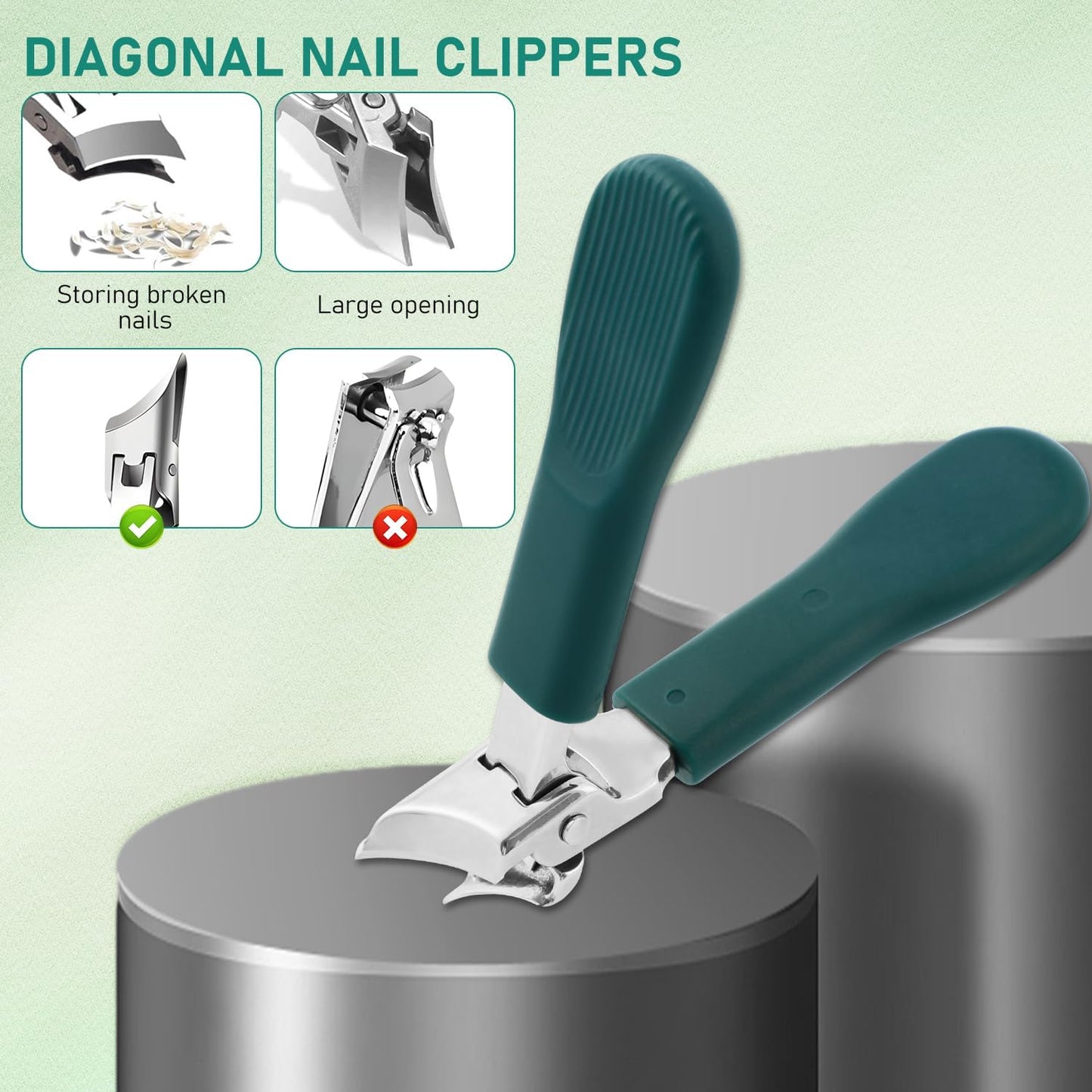 Eagle Beak Beveled Nail Clippers,Wide Jaw Opening Anti-Splash Slanted Nail Clipper,Slanted Jaw Ingrown Toenail Clippers for Thick Toenails (Green)