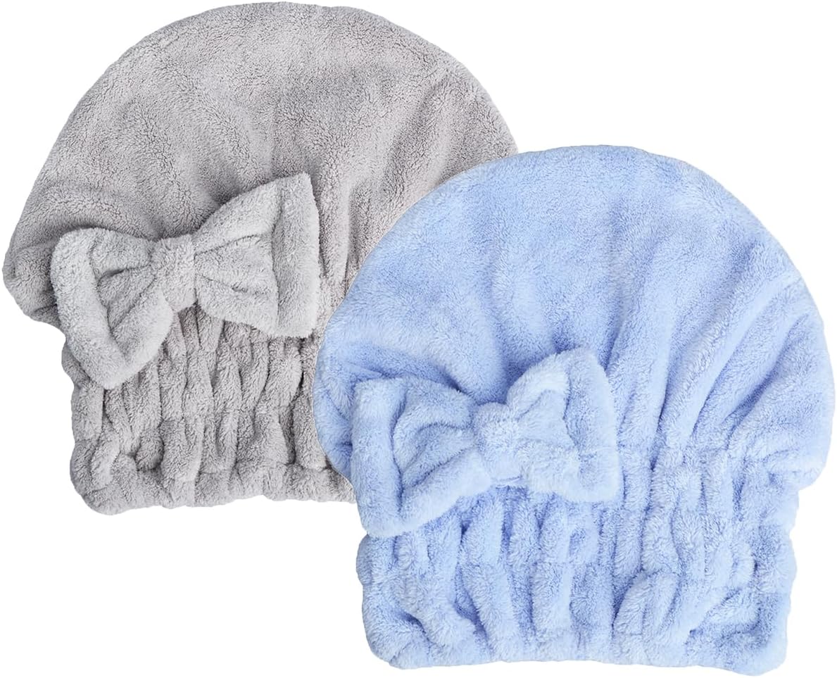 HOPESHINE Microfiber Hair Towel Cap for Women Wet Short or Long Curly Hair Super Absorbent Quick Dry Turbans Anti Frizz Great Gift for Women and Girls (Blue+Grey, 2)