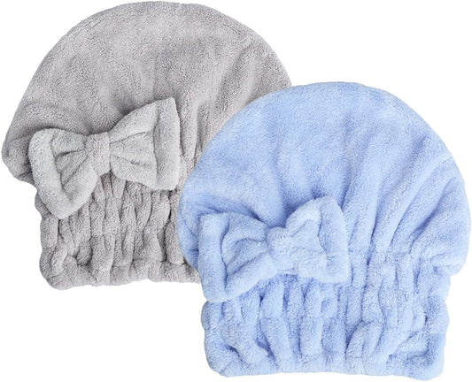 HOPESHINE Microfiber Hair Towel Cap for Women Wet Short or Long Curly Hair Super Absorbent Quick Dry Turbans Anti Frizz Great Gift for Women and Girls (Blue+Grey, 2)