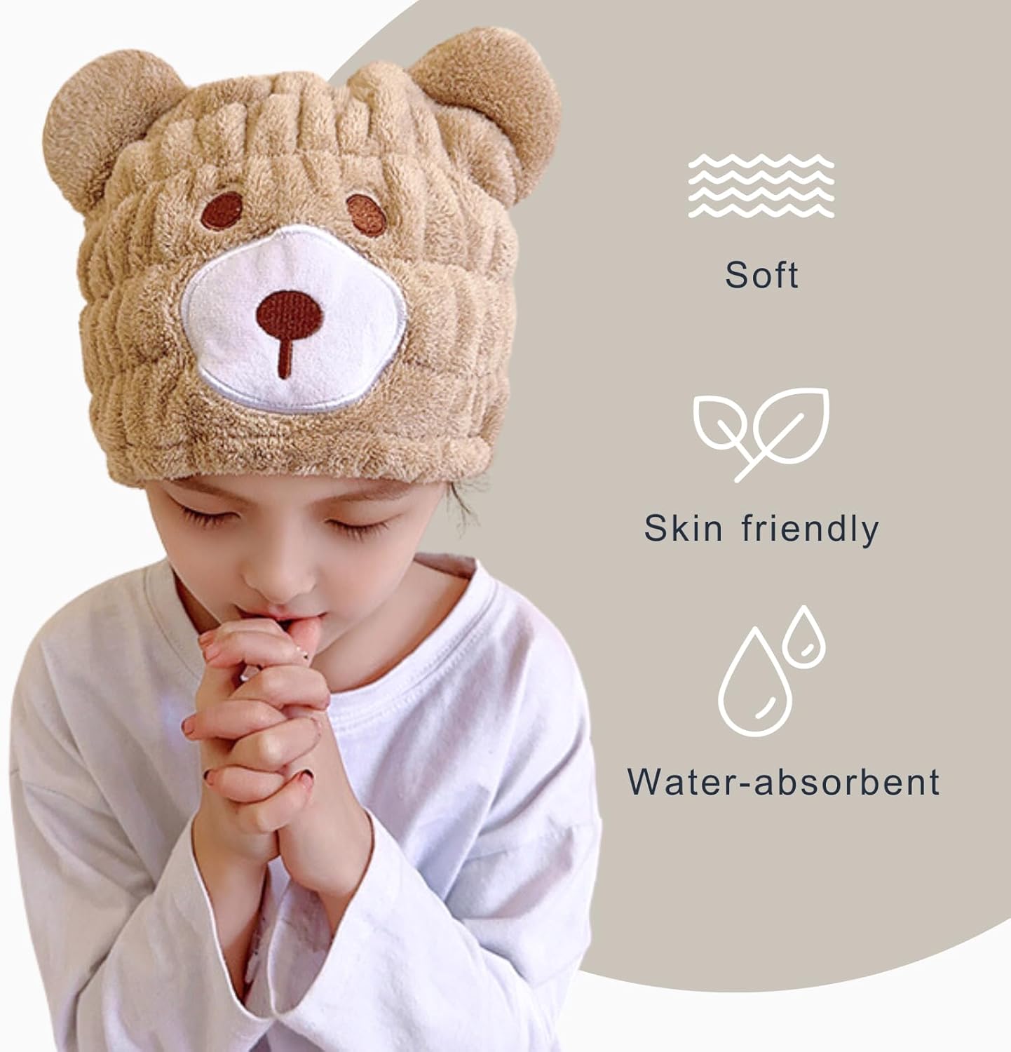Microfiber Hair Towel Wrap for Kids, Brown Bear Dry Hair Cap Suck Water, Absorbent Quick Girls Boys Hair Drying Towel, Lightweight Bouncy Hat Headscarf for Wet Hair