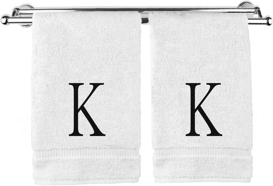 Monogrammed Hand Towel, Personalized Initial Gift, Extra Absorbent 100% Turkish Cotton - Soft Terry Finish - Set of 2 - Black Block Initial K - Embroidered on White Towels