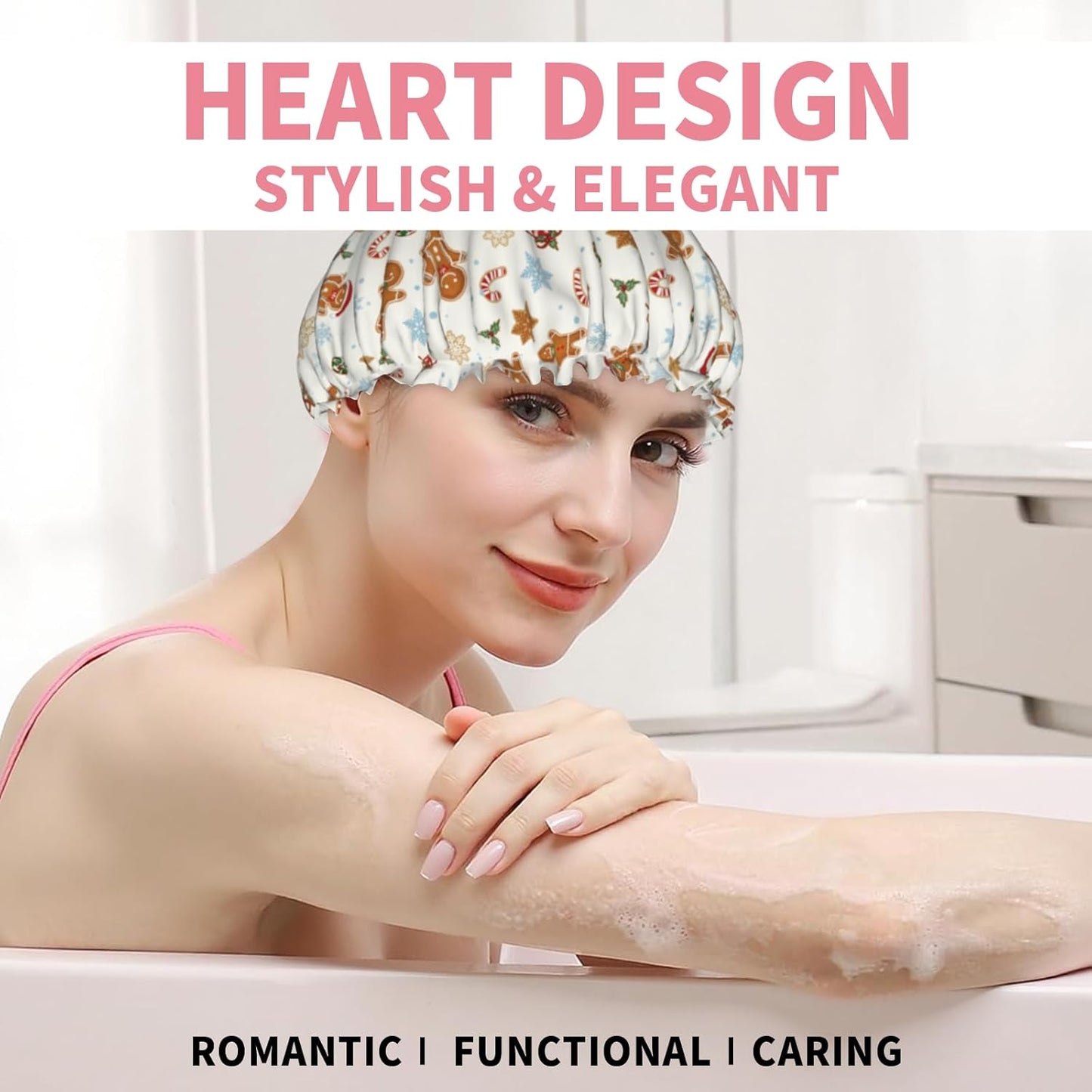 Christmas Shower Caps Gingerbread Man Decorative Hair Caps Xmas Dual-Layer Waterproof Bath Hat Elastic Reusable Hair Hat for Shower Cooking Clean Makeup Travel