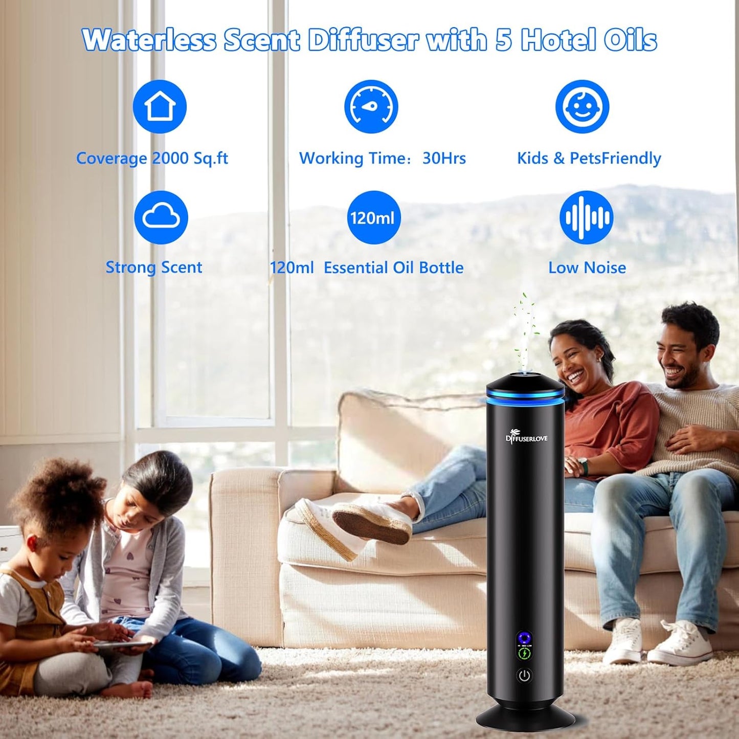 Diffuserlove Full Metal Body Waterless Scent Diffuser with 5 Hotel Scent Oils Hotel Collection Diffuser Waterless Aromatherapy Essential Oil Diffuser UP to 2000 Sq Ft Coverage for Home Office