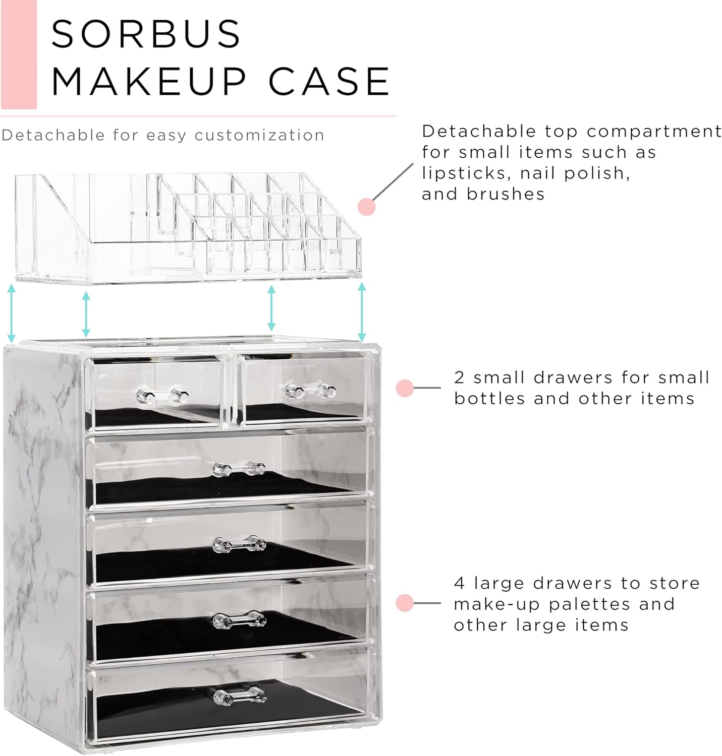 Sorbus Acrylic Makeup Organizer Set, 6-Drawer Vanity & Countertop Cosmetic Storage with Small & Wide Compartments, Marble Print Makeup Storage for Brushes, Jewelry – Holiday Gift for Women & Teens