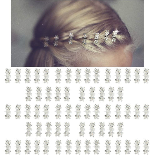 Mini Glitter Teeth Rhinestone Flower Hair Accessories - No-Slip Grip Metal Jaw Clamps in Mix Colors for Girls Women (Silver-White Crystal)