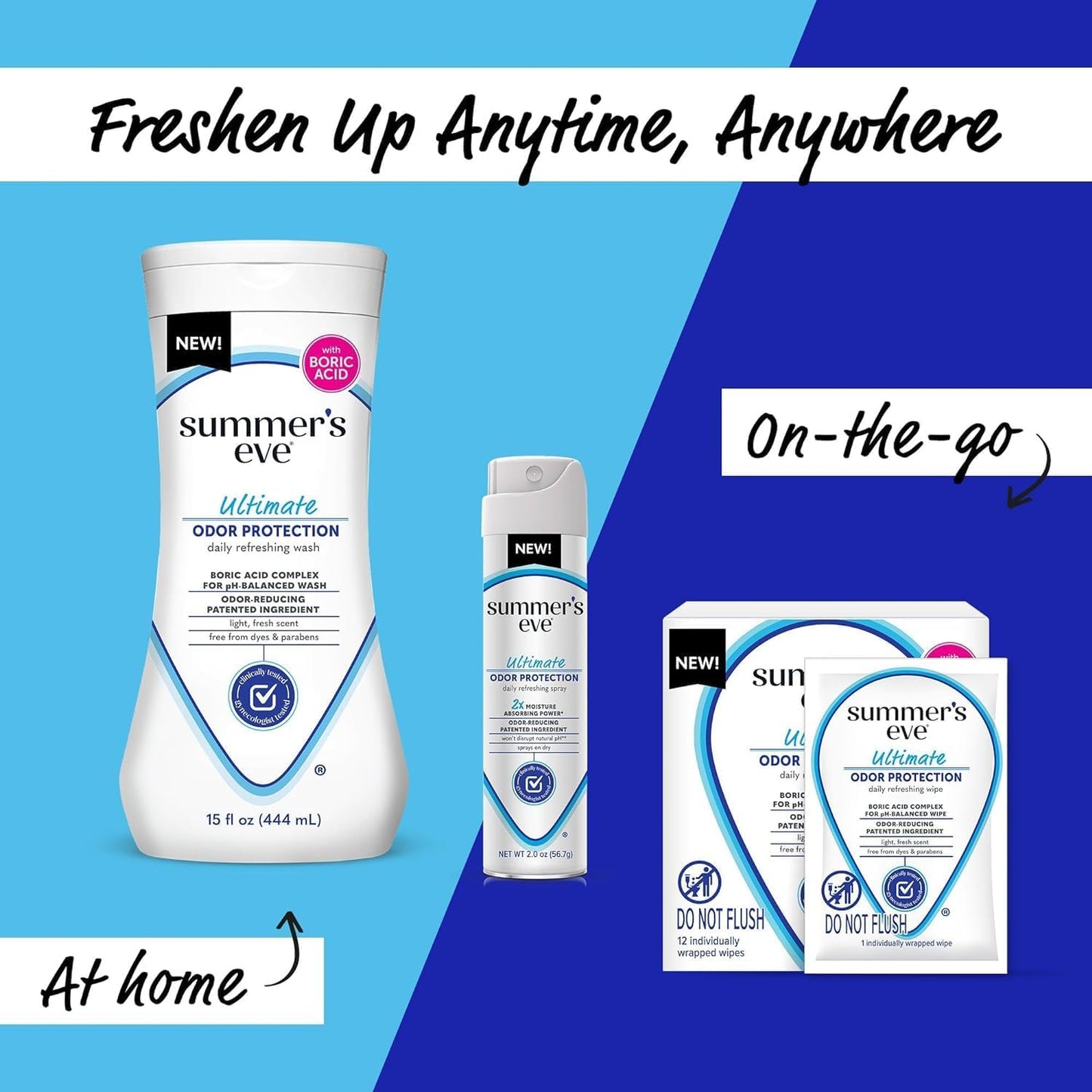 Summer's Eve Ultimate Odor Protection Bundle; Feminine Body Wash and Wipes with Boric Acid + Feminine Odor Protection Spray