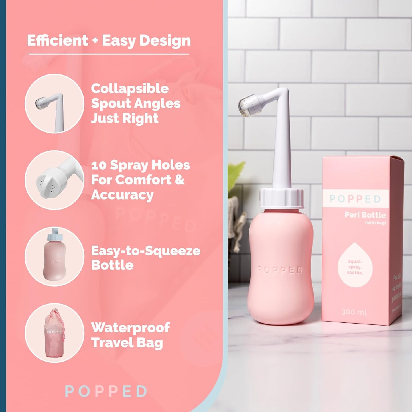 Popped Peri Bottle for Postpartum Care | Portable Bidet | Spray Bottle for Pain Relief, Tears, and Hemorrhoids After Birth | Postpartum Essential (Pink, 10 oz)