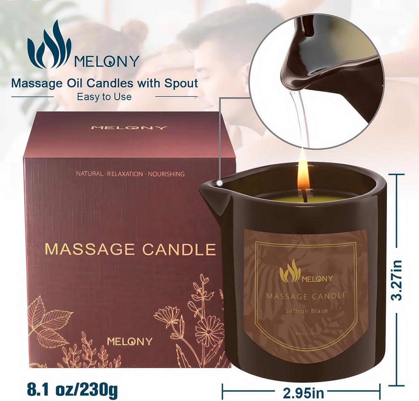 MELONY Massage Oil Candle for Pure Relaxation - 8.1 oz - Moisturizing Essential Oil Body Massage Candle for Home Spa- Amazing Gift for Women & Men (Saffron Blaze)
