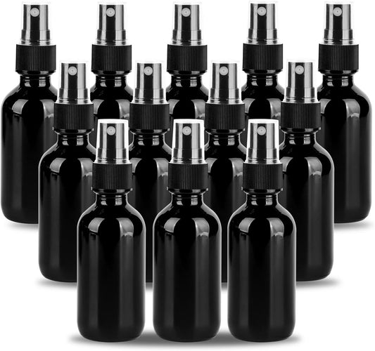 2oz Glass Spray Bottle, Fine Mist Boston Glass Bottles with Black Fine Mist Sprayer Small Clear Bottles for Essential Oils, Bath, Beauty, Hair & Cleaning, UV Black, Pack of 12