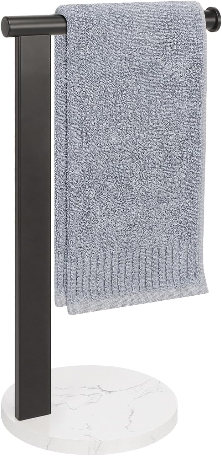 Hand Towel Holder Stand for Bathroom, L- Shaped Standing Hand Towel Rack, Towel Bar Kitchen Vanity Countertop Organizer, SUS304 Stainless Steel Material (Marble Base, Matte Black)
