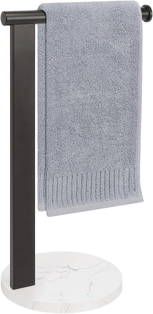 Hand Towel Holder Stand for Bathroom, L- Shaped Standing Hand Towel Rack, Towel Bar Kitchen Vanity Countertop Organizer, SUS304 Stainless Steel Material (Marble Base, Matte Black)