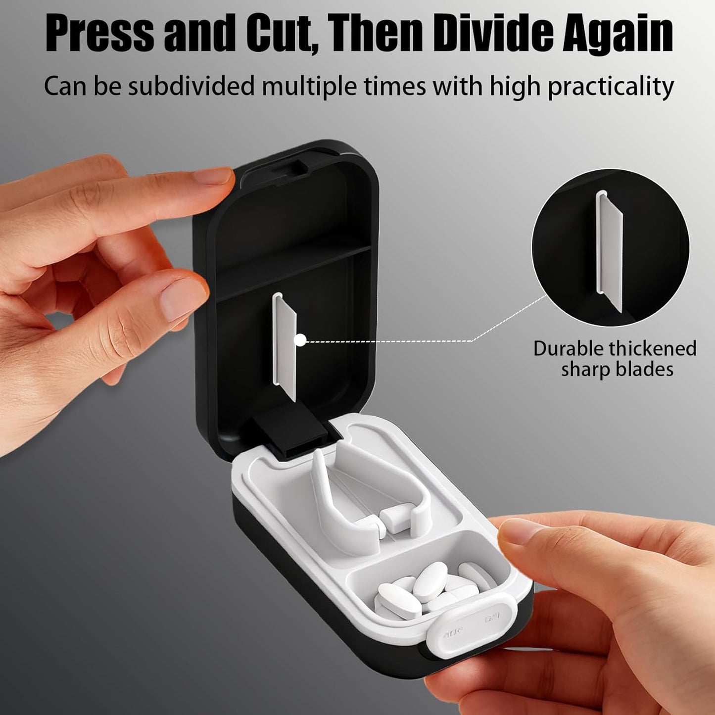 Pill Cutter Splitter for Small or Large Pills with Safety Lock - Accurate and Easy Travel-Friendly Design for Daily Use (Black)
