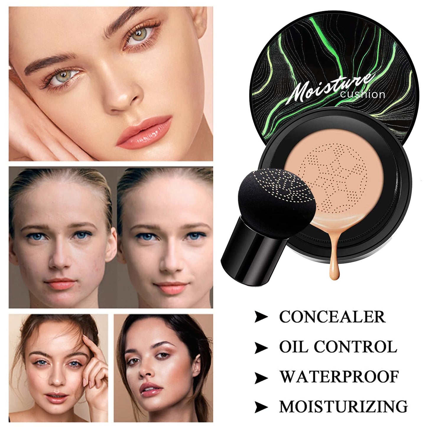 2 PCS Mushroom Head Air Cushion CC Cream Nature Foundation,Foundation Brush Powder Brush,Moisturizing Concealer, Bright Makeup Base Long Lasting with Mushroom Makeup Sponge(#04 Buff Beige)