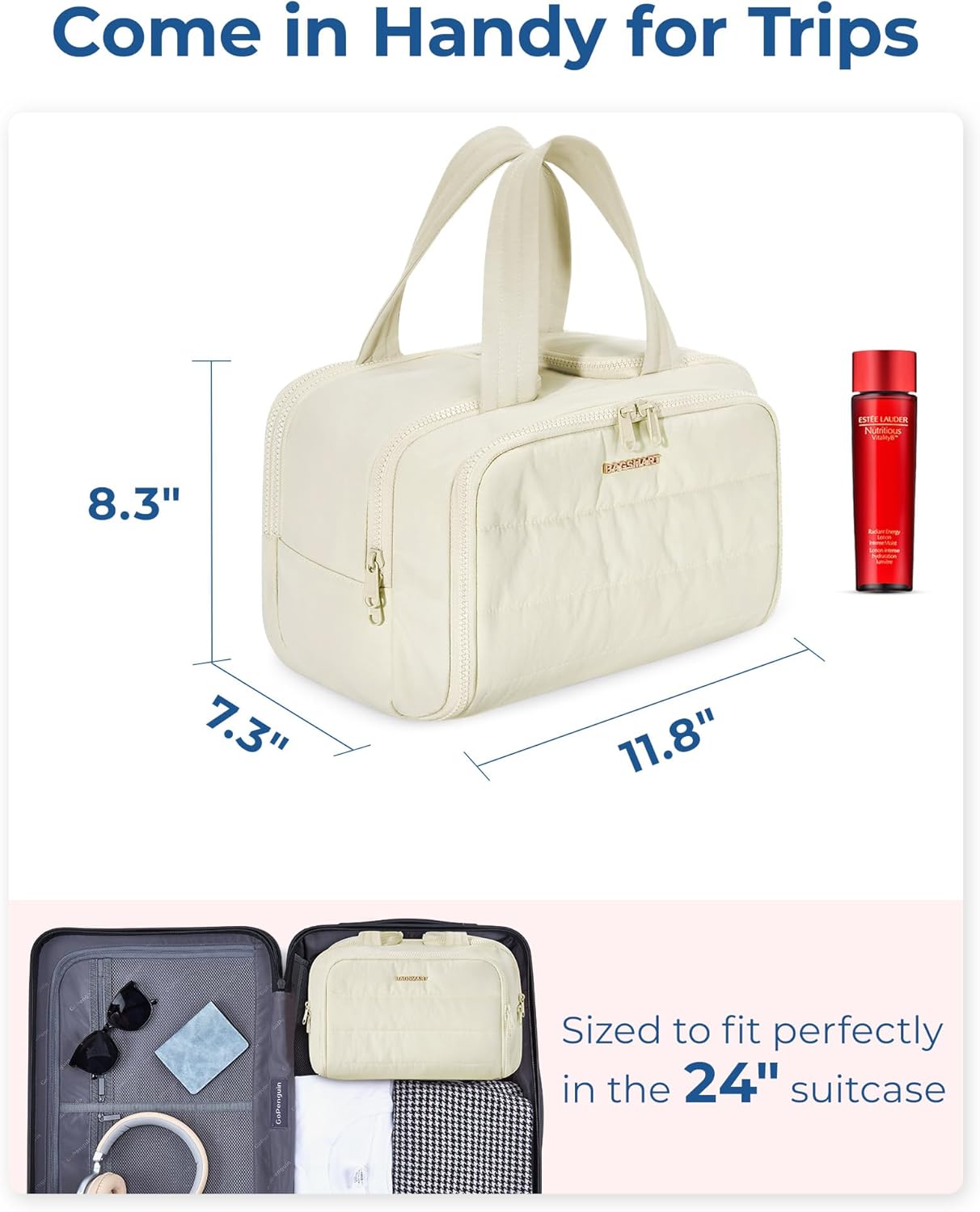 BAGSMART Travel Toiletry Bag, Lightweight Large Wide-open Travel Bag for Women, Puffy Cosmetic Makeup Bag Organizer with Handle for Accessories,Essentials, Toiletries, Beige