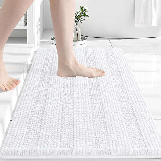 Grandaily Chenille Striped Bathroom Rugs 30x20, Extra Thick and Absorbent Bath Mats, Non-Slip Soft Plush Shaggy Shower Carpet, Machine Wash Dry, Bath Rug for Bathroom, (Medium, White)