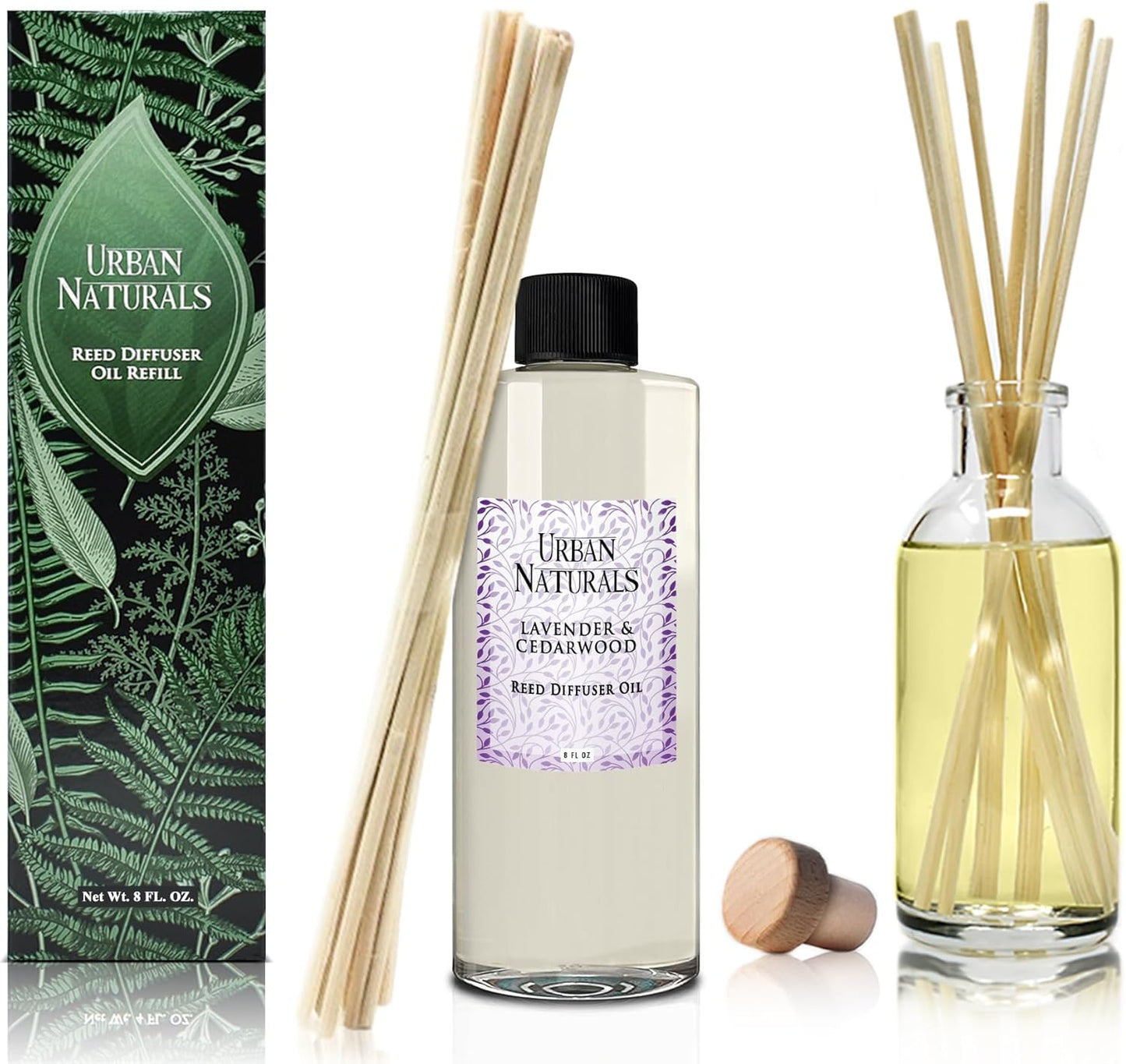 Urban Naturals Reed Diffuser Oil Refill Lavender Cedarwood with Warm Wood, Spa-Inspired Notes 8 oz + Free Reed Sticks, Made in The USA