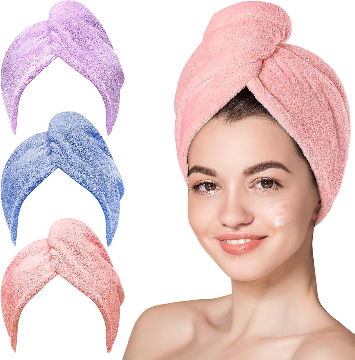 Microfiber Hair Towel Turban 3 Pack | Super Absorbent Quick Drying Hair Wrap for Women with Curly Hair | Anti Frizz Hair Towel Cap for Wet Hair(Bule,Purple,Orange)